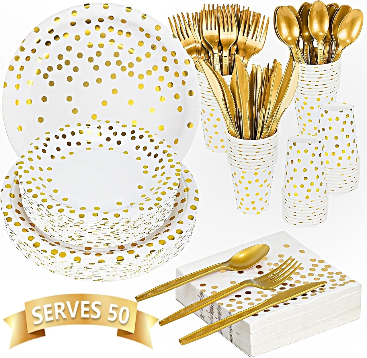 350-piece gold party supplies set, designed for 50 guests. Includes 50 dinner plates, 50 dessert plates, 50 silverware sets, 50 9oz cups, and 50 napkins. Perfect for weddings, parties, and events, featuring heavy-duty utensils for a stylish and conve